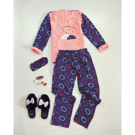 Pijama dama cu cerculete bleumarin cu roz extrem de pufoasa si calduroasa cu imprimeu Youreso